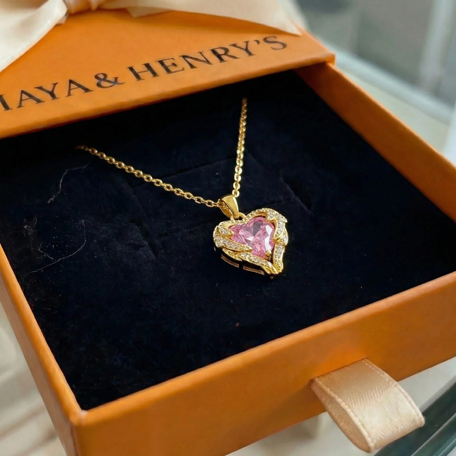 Angel Embrace Pink Heart Necklace | Gold